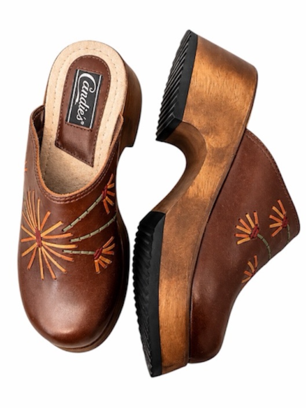 Vintage 90s / Y2K Candies Leather Wood Clogs w/ Starburst floral pattern -  9